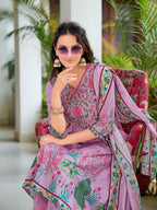 Placement Printed & Embroidered Flarded Kurta With Pant & Printed Dupatta, Lavender - Hiral Fashion | Grocsy