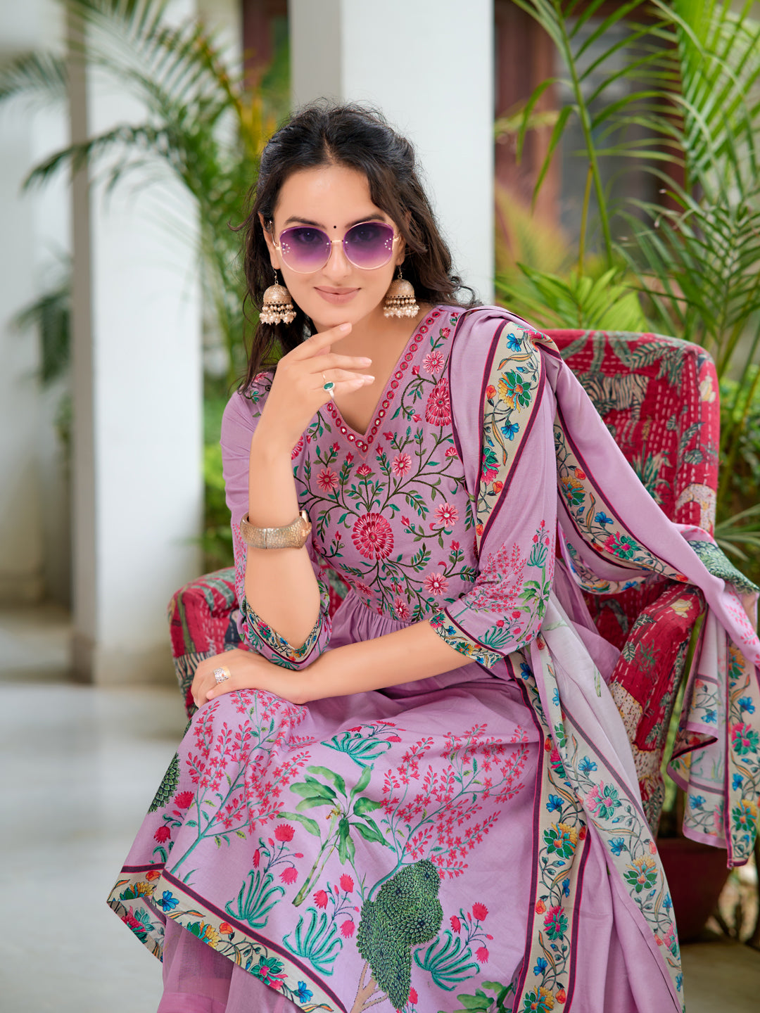 Placement Printed & Embroidered Flarded Kurta With Pant & Printed Dupatta, Lavender - Hiral Fashion | Grocsy