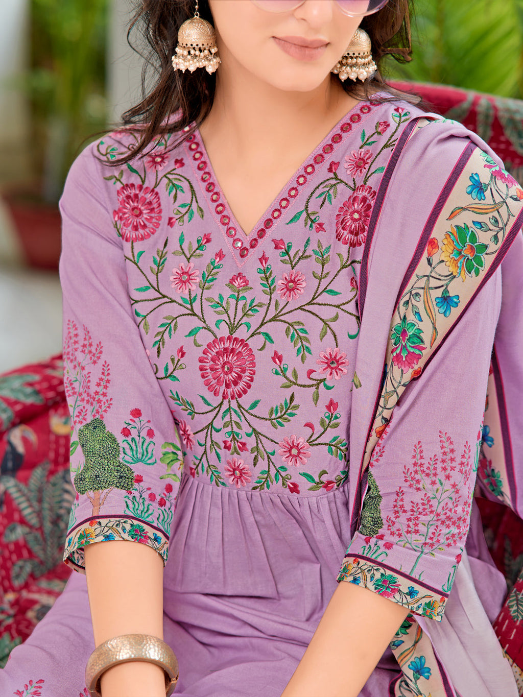 Placement Printed & Embroidered Flarded Kurta With Pant & Printed Dupatta, Lavender - Hiral Fashion | Grocsy