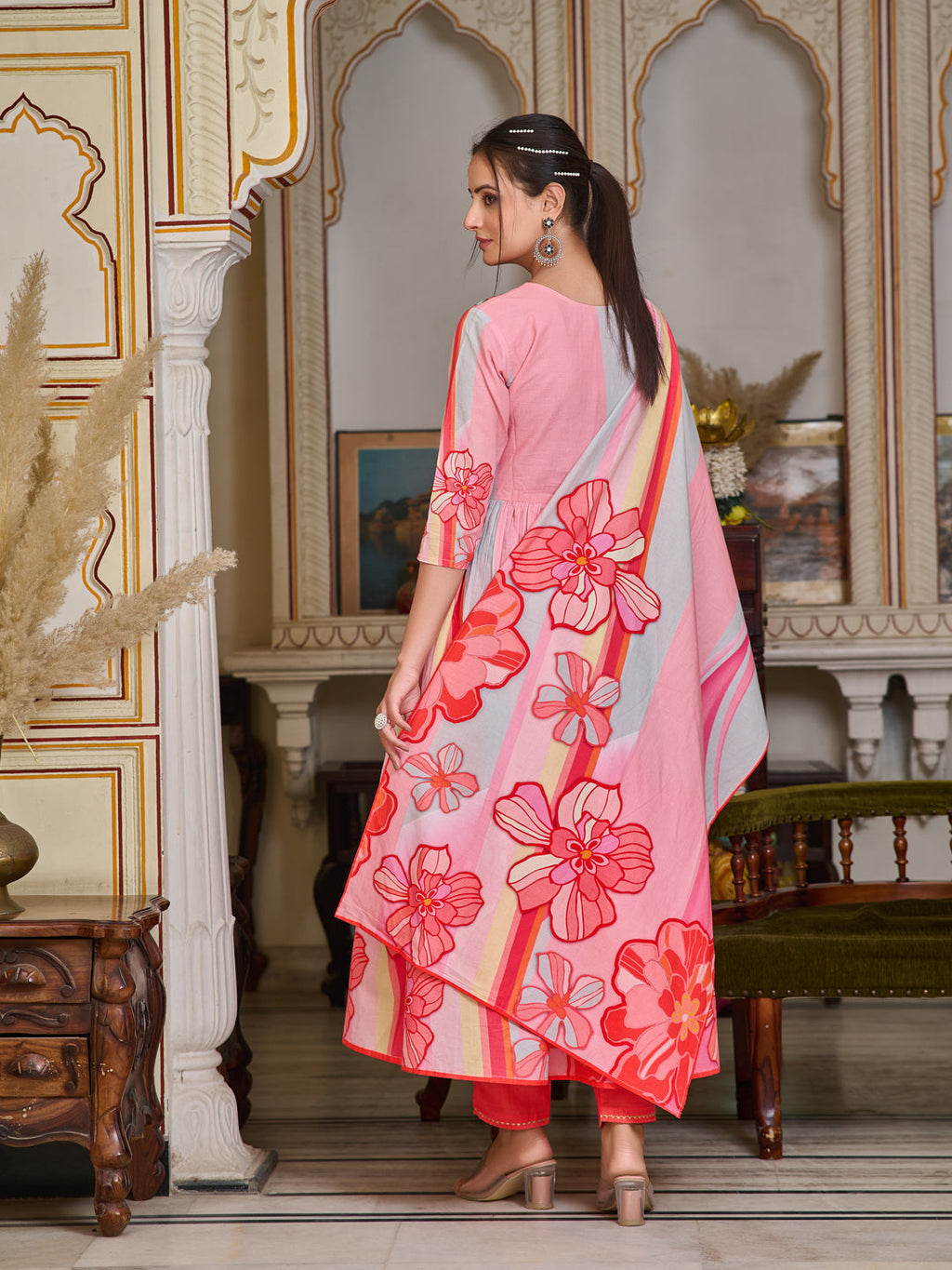 Placement Printed & Embroidered Flared Kurta With Pant & Printed Dupatta, Pink - Hiral Fashion | Grocsy