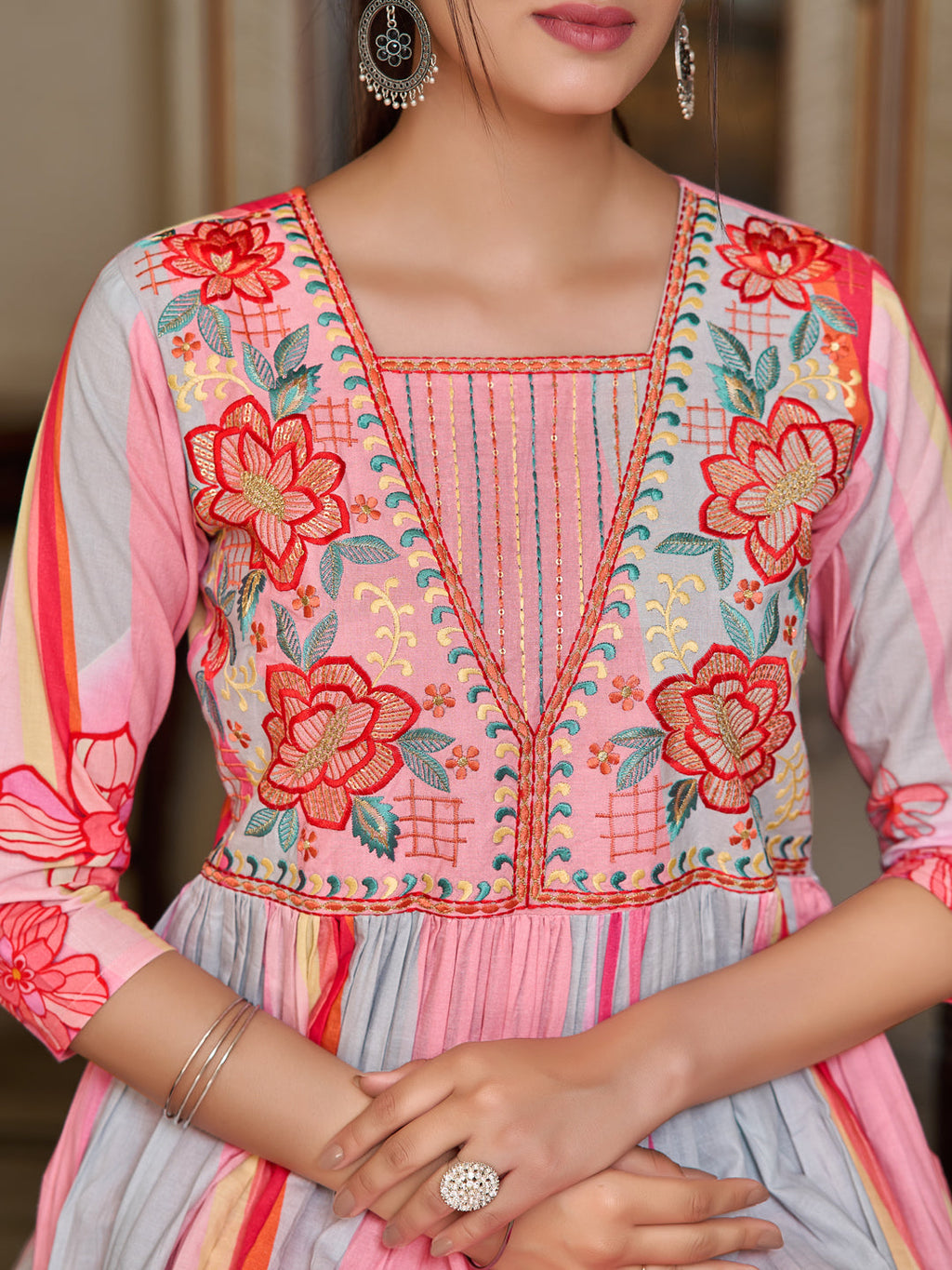 Placement Printed & Embroidered Flared Kurta With Pant & Printed Dupatta, Pink - Hiral Fashion | Grocsy