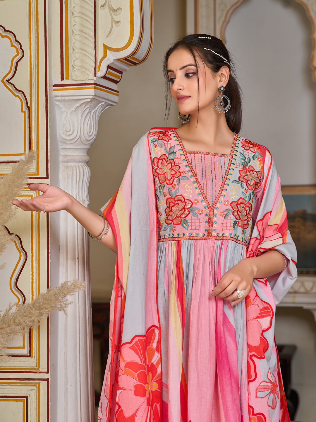 Placement Printed & Embroidered Flared Kurta With Pant & Printed Dupatta, Pink - Hiral Fashion | Grocsy