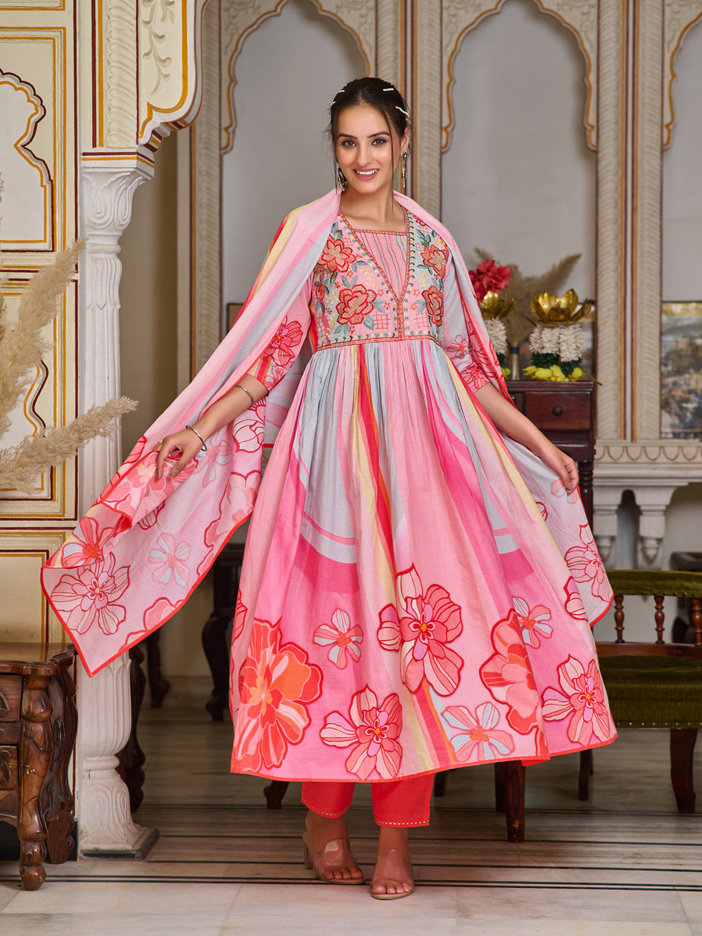 Placement Printed & Embroidered Flared Kurta With Pant & Printed Dupatta, Pink - Hiral Fashion | Grocsy