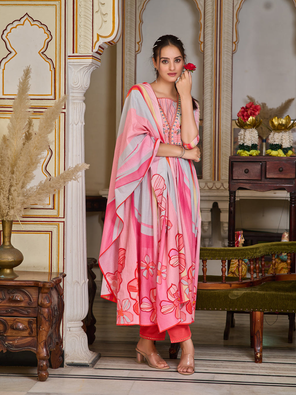 Placement Printed & Embroidered Flared Kurta With Pant & Printed Dupatta, Pink - Hiral Fashion | Grocsy