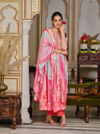 Placement Printed & Embroidered Flared Kurta With Pant & Printed Dupatta, Pink - Hiral Fashion | Grocsy