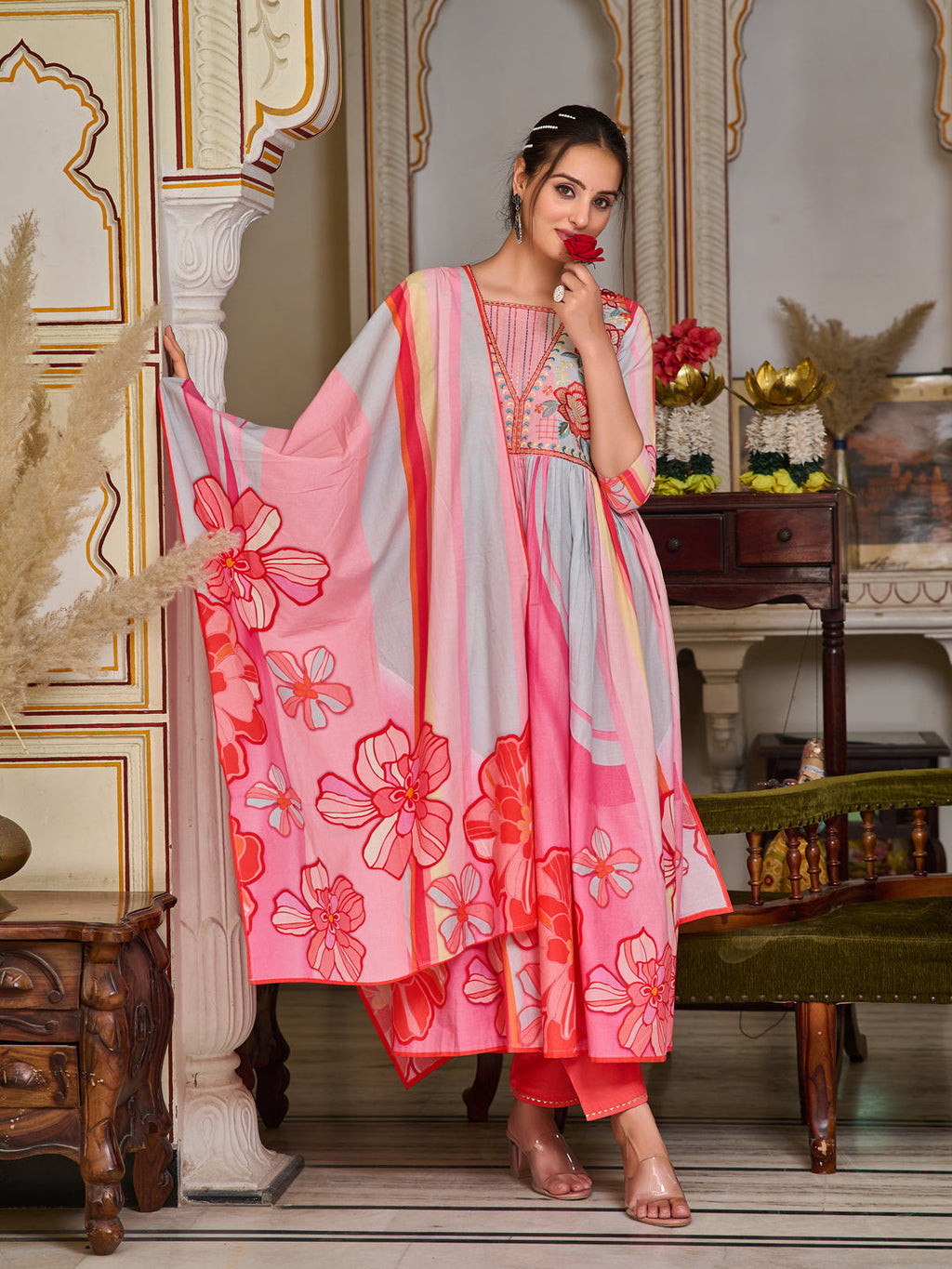 Placement Printed & Embroidered Flared Kurta With Pant & Printed Dupatta, Pink - Hiral Fashion | Grocsy