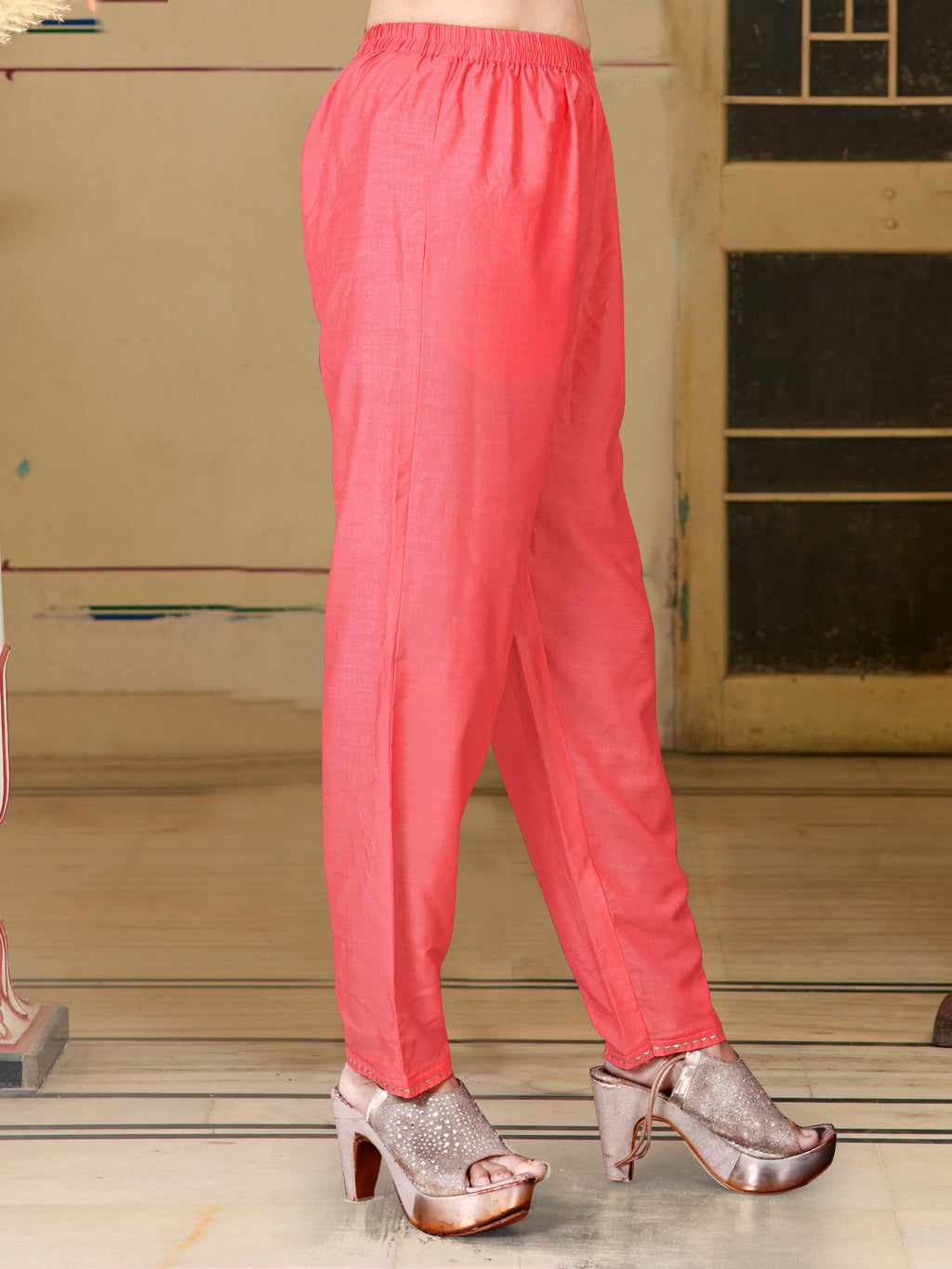 Placement Printed & Embroidered Flared Kurta With Pant & Printed Dupatta, Pink - Hiral Fashion | Grocsy