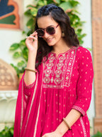 Nyra Cut Embroidered Kurta With Pant & Dupatta, Pink - Hiral Fashion | Grocsy