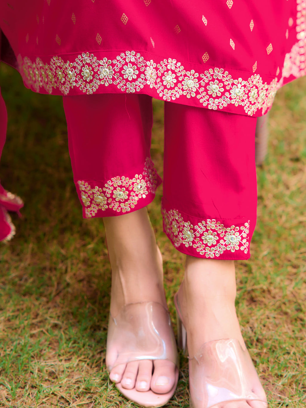 Nyra Cut Embroidered Kurta With Pant & Dupatta, Pink - Hiral Fashion | Grocsy