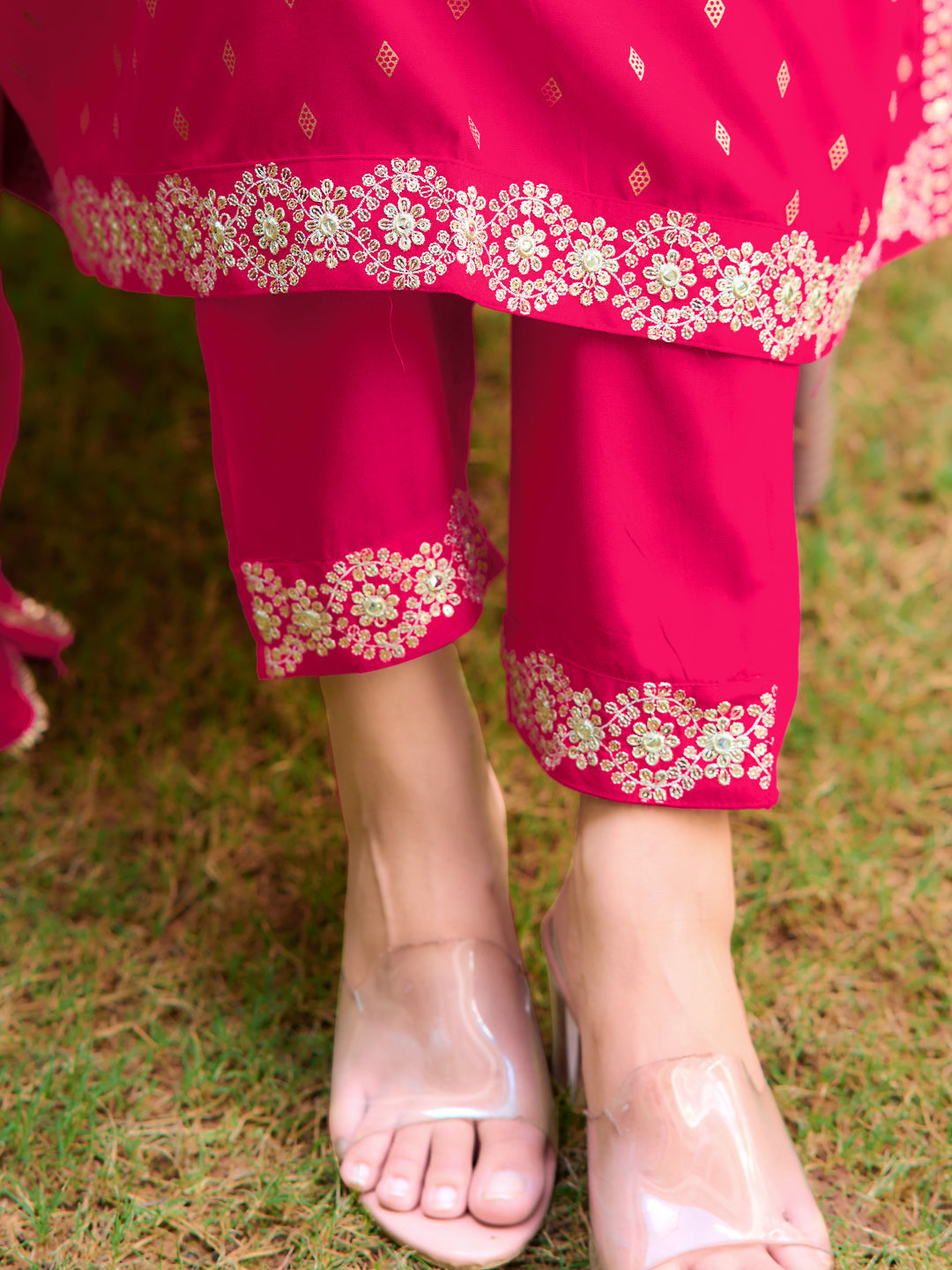 Nyra Cut Embroidered Kurta With Pant & Dupatta, Pink - Hiral Fashion | Grocsy