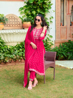 Nyra Cut Embroidered Kurta With Pant & Dupatta, Pink - Hiral Fashion | Grocsy