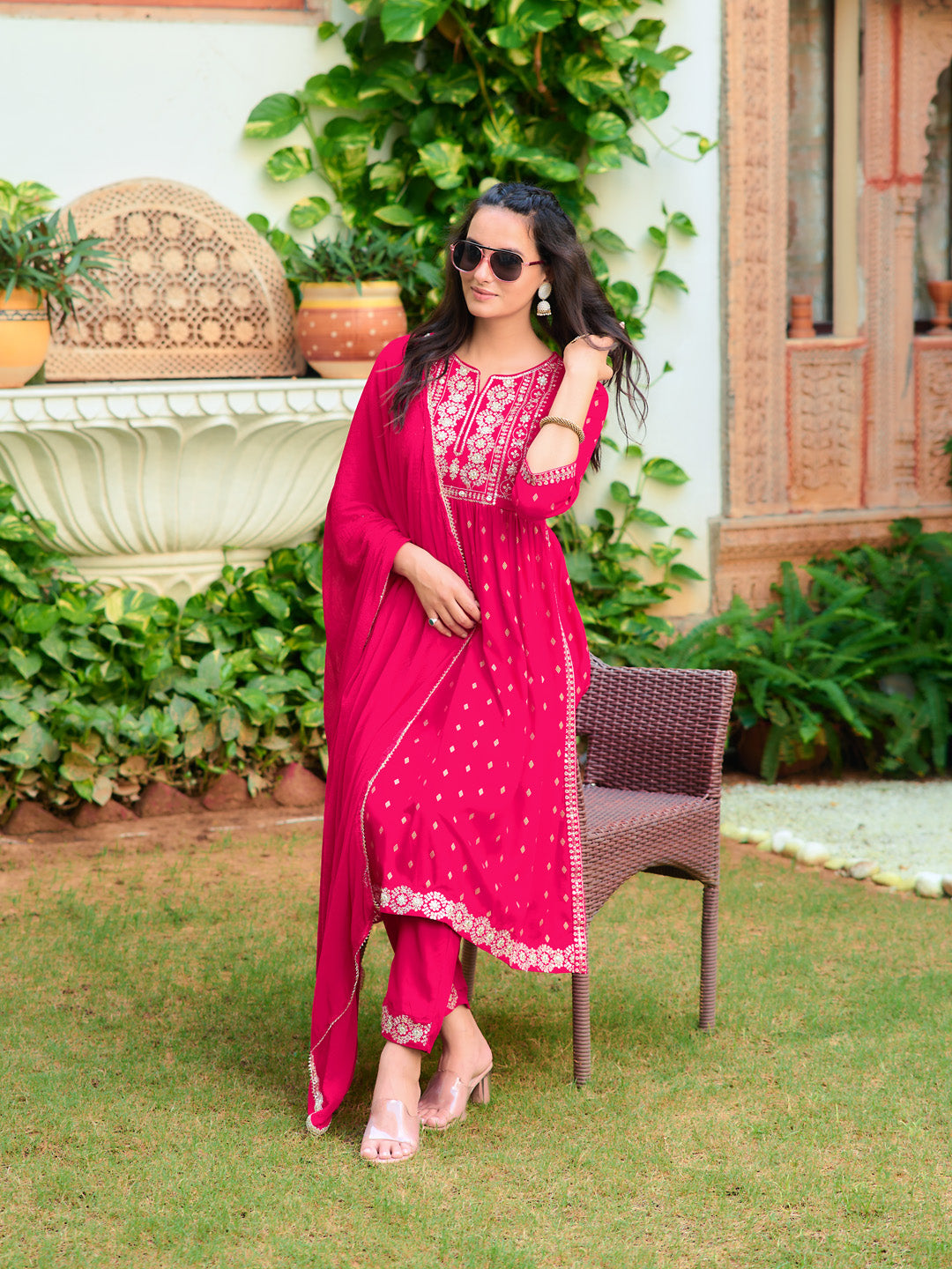 Nyra Cut Embroidered Kurta With Pant & Dupatta, Pink - Hiral Fashion | Grocsy
