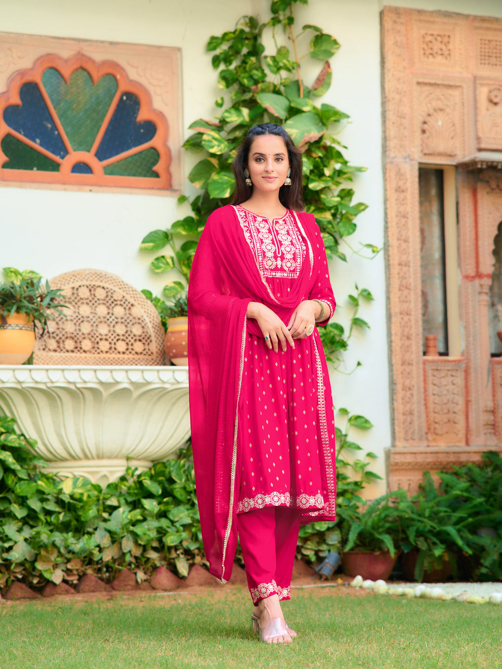 Nyra Cut Embroidered Kurta With Pant & Dupatta, Pink - Hiral Fashion | Grocsy