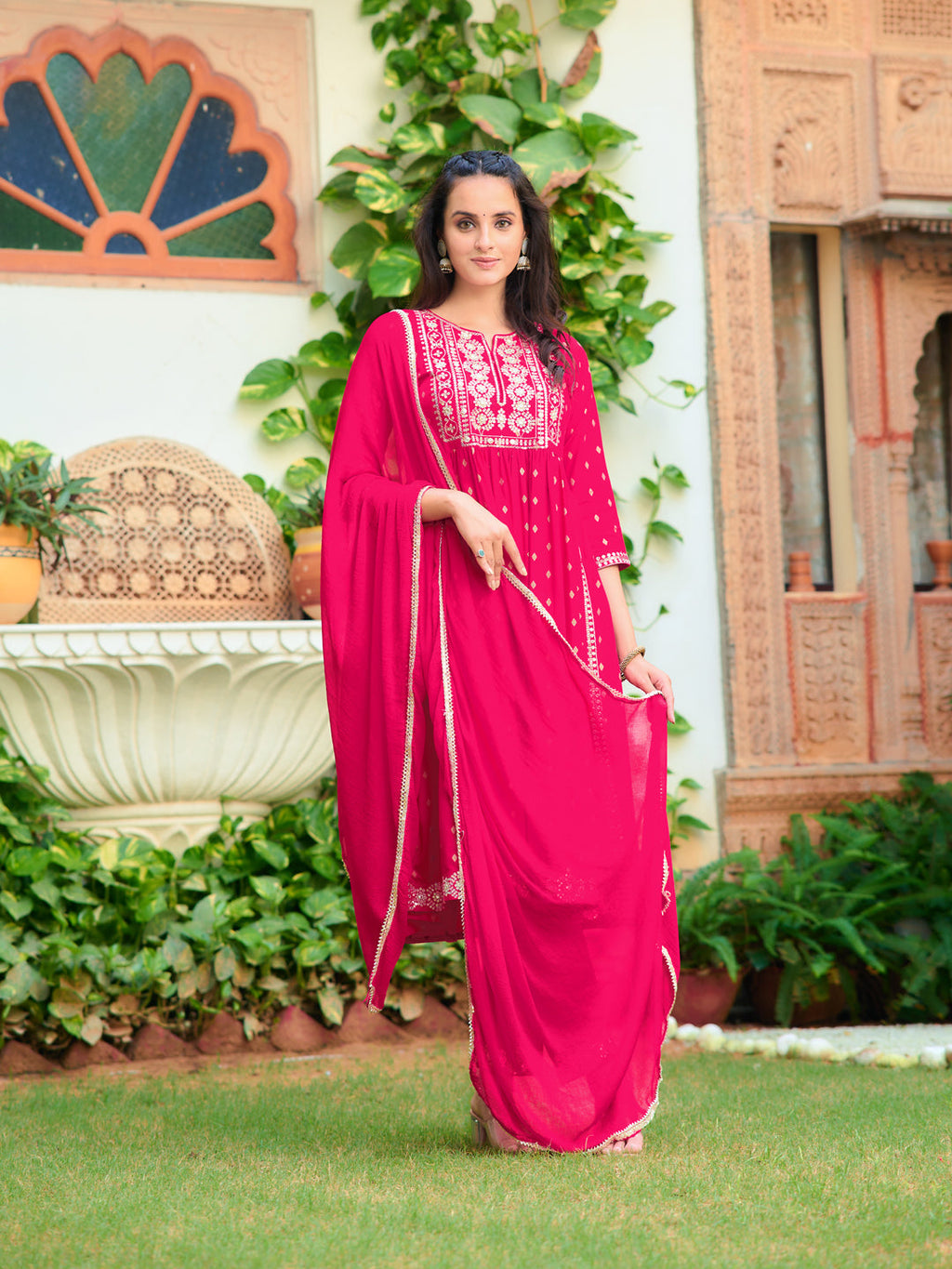 Nyra Cut Embroidered Kurta With Pant & Dupatta, Pink - Hiral Fashion | Grocsy
