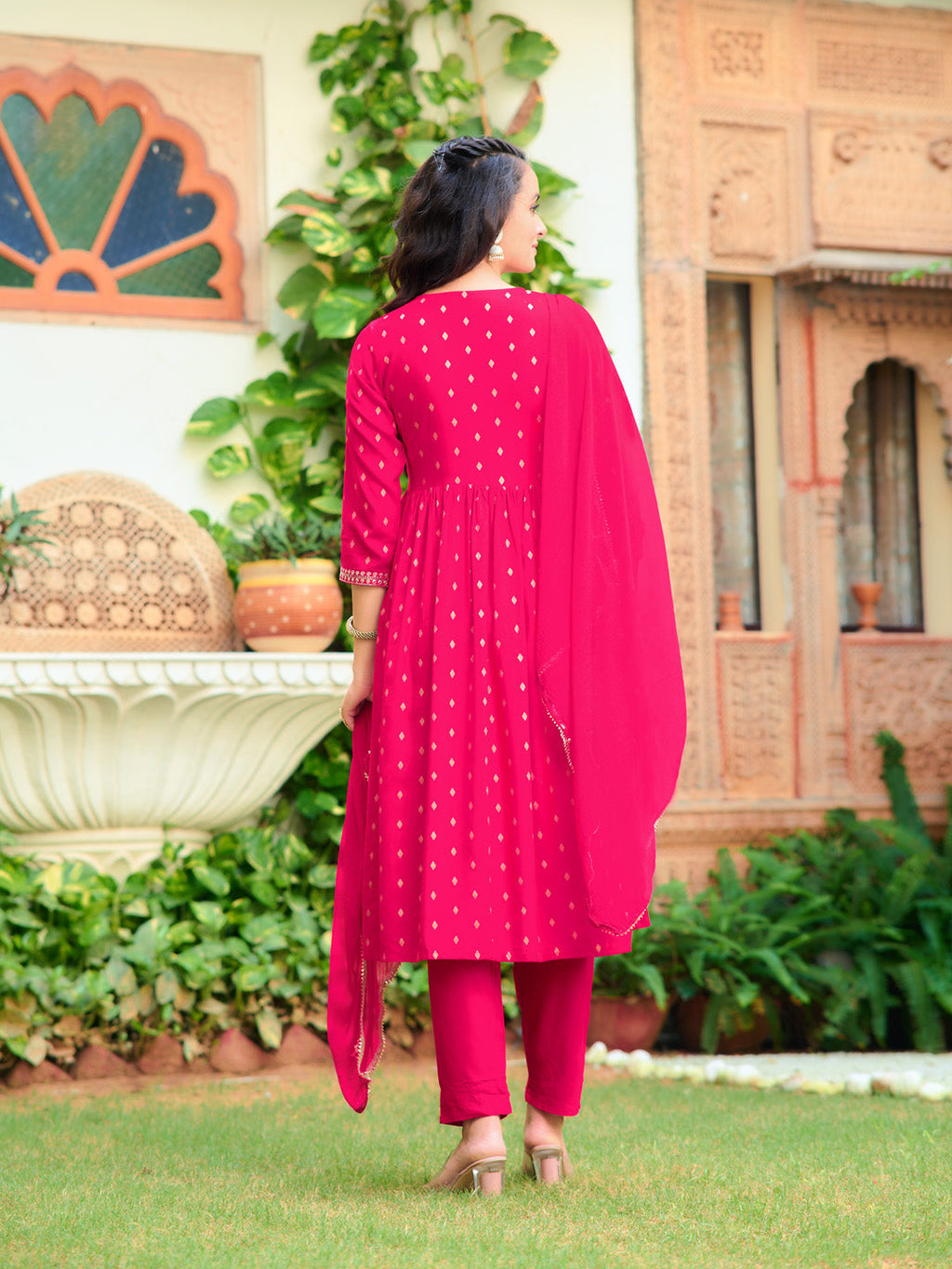 Nyra Cut Embroidered Kurta With Pant & Dupatta, Pink - Hiral Fashion | Grocsy