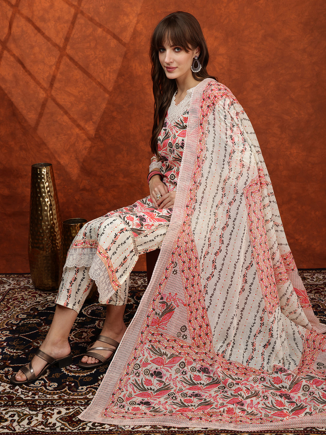 Lace Detailing & Printed Kurta With Pant & Dupatta, Pink - Hiral Fashion | Grocsy