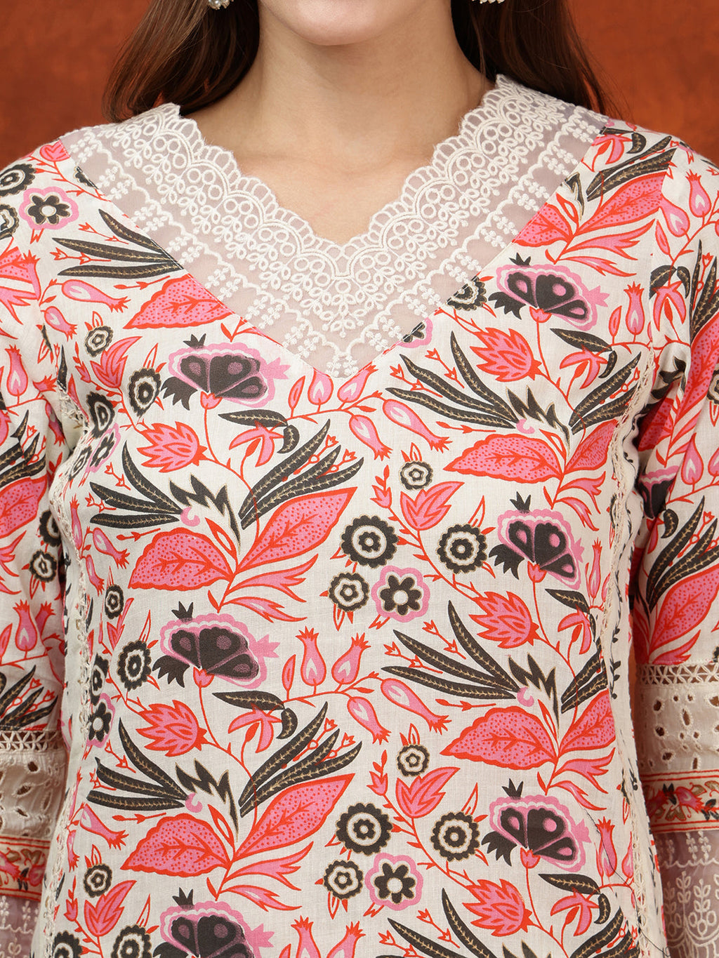Lace Detailing & Printed Kurta With Pant & Dupatta, Pink - Hiral Fashion | Grocsy