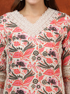 Lace Detailing & Printed Kurta With Pant & Dupatta, Pink - Hiral Fashion | Grocsy