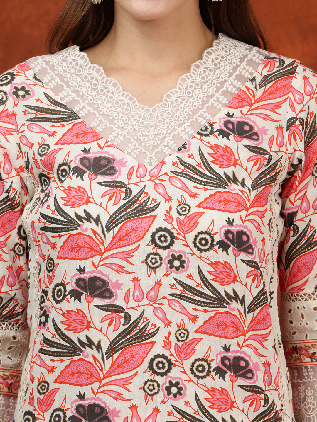 Lace Detailing & Printed Kurta With Pant & Dupatta, Pink - Hiral Fashion | Grocsy