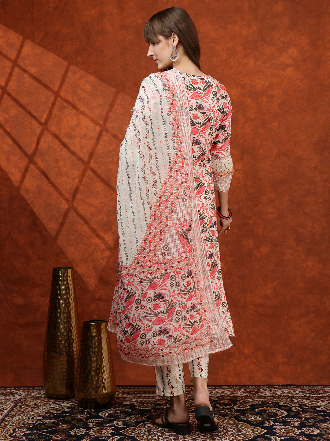 Lace Detailing & Printed Kurta With Pant & Dupatta, Pink - Hiral Fashion | Grocsy