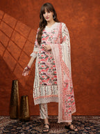 Lace Detailing & Printed Kurta With Pant & Dupatta, Pink - Hiral Fashion | Grocsy