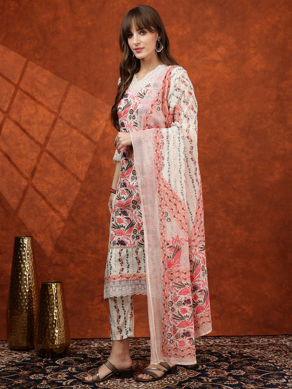 Lace Detailing & Printed Kurta With Pant & Dupatta, Pink - Hiral Fashion | Grocsy