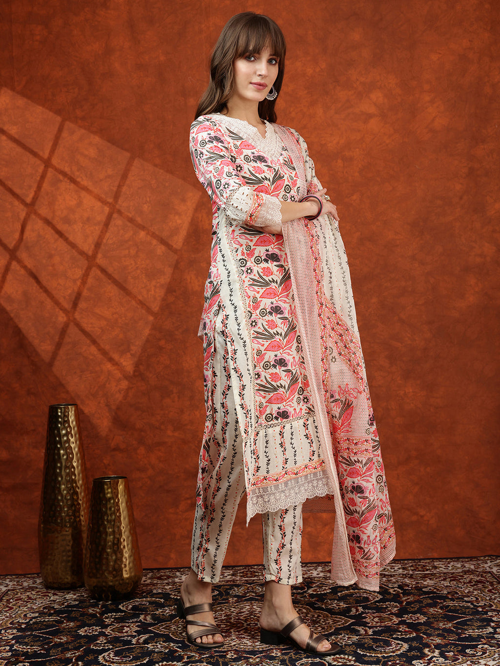 Lace Detailing & Printed Kurta With Pant & Dupatta, Pink - Hiral Fashion | Grocsy
