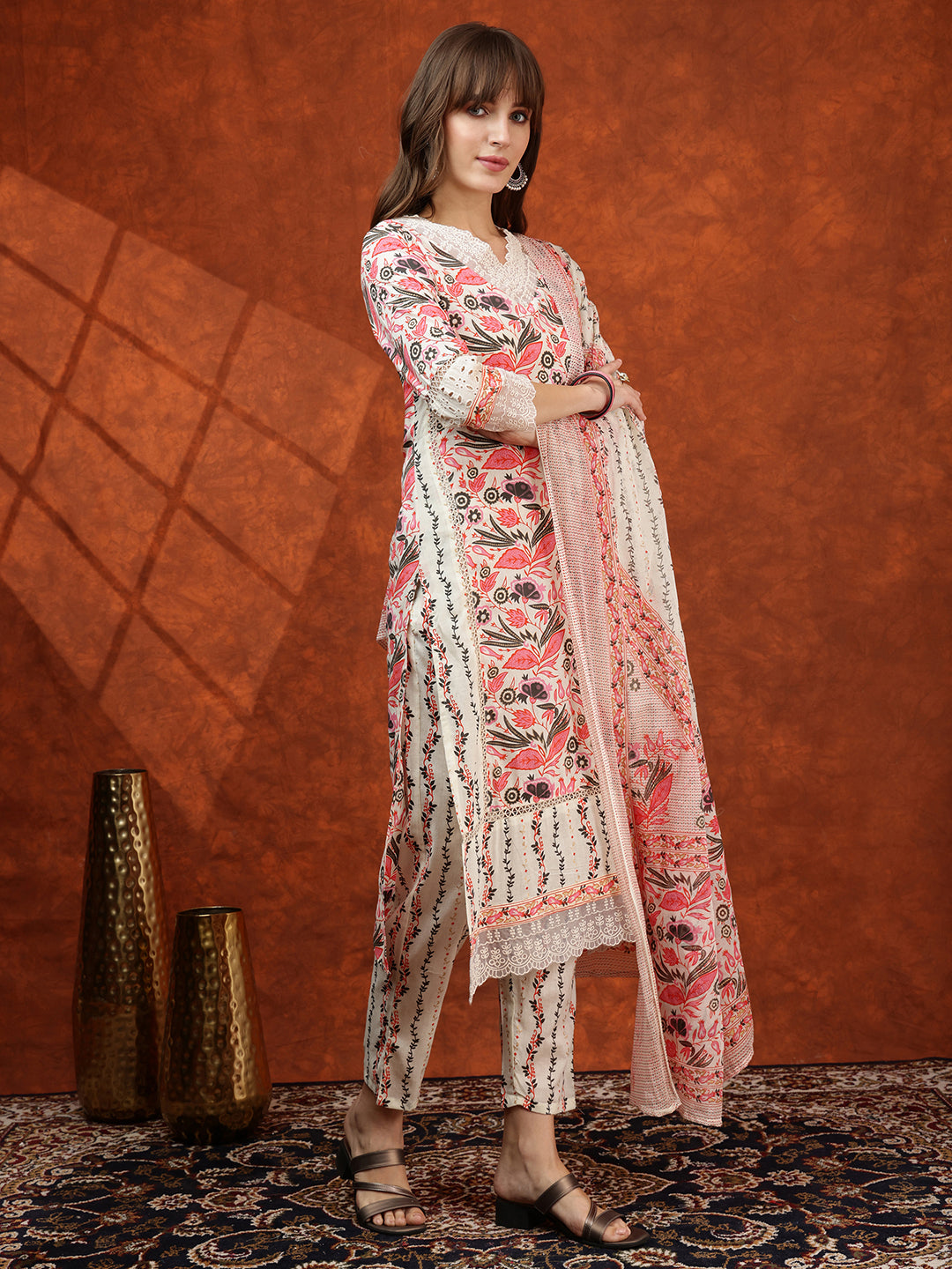 Lace Detailing & Printed Kurta With Pant & Dupatta, Pink - Hiral Fashion | Grocsy
