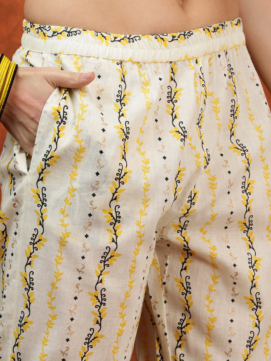 Lace Detailing & Printed Kurta With Pant & Dupatta, Yellow - Hiral Fashion | Grocsy