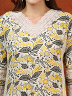 Lace Detailing & Printed Kurta With Pant & Dupatta, Yellow - Hiral Fashion | Grocsy