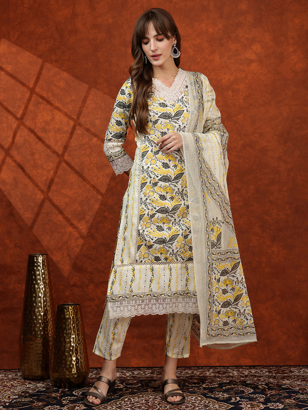 Lace Detailing & Printed Kurta With Pant & Dupatta, Yellow - Hiral Fashion | Grocsy