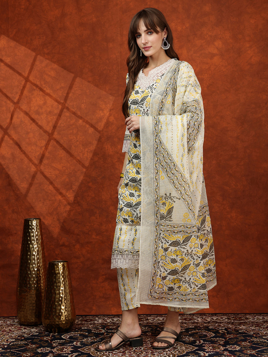 Lace Detailing & Printed Kurta With Pant & Dupatta, Yellow - Hiral Fashion | Grocsy