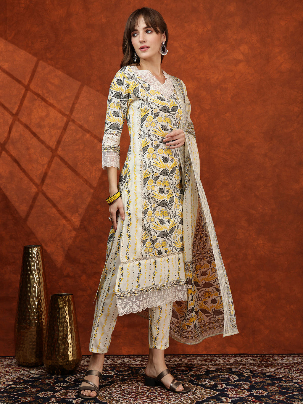 Lace Detailing & Printed Kurta With Pant & Dupatta, Yellow - Hiral Fashion | Grocsy