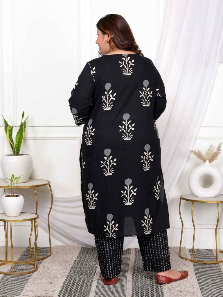 Miravan Women's Plus Size Cotton Gota Patti Black Floral Printed Straight Kurta Palazzo Set | Grocsy