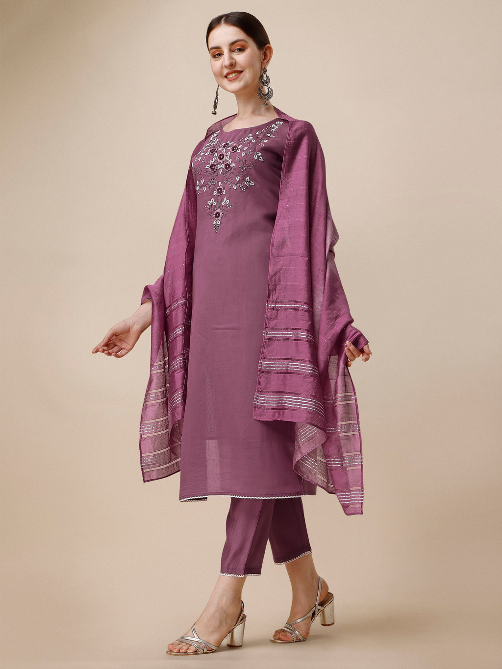 Hand Embroidered Chanderi Kurta With Pant And Dupatta Set, Multicolor - Hiral Fashion | Grocsy