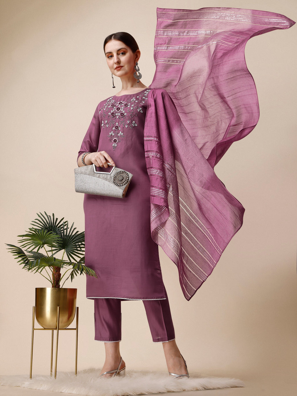 Hand Embroidered Chanderi Kurta With Pant And Dupatta Set, Multicolor - Hiral Fashion | Grocsy