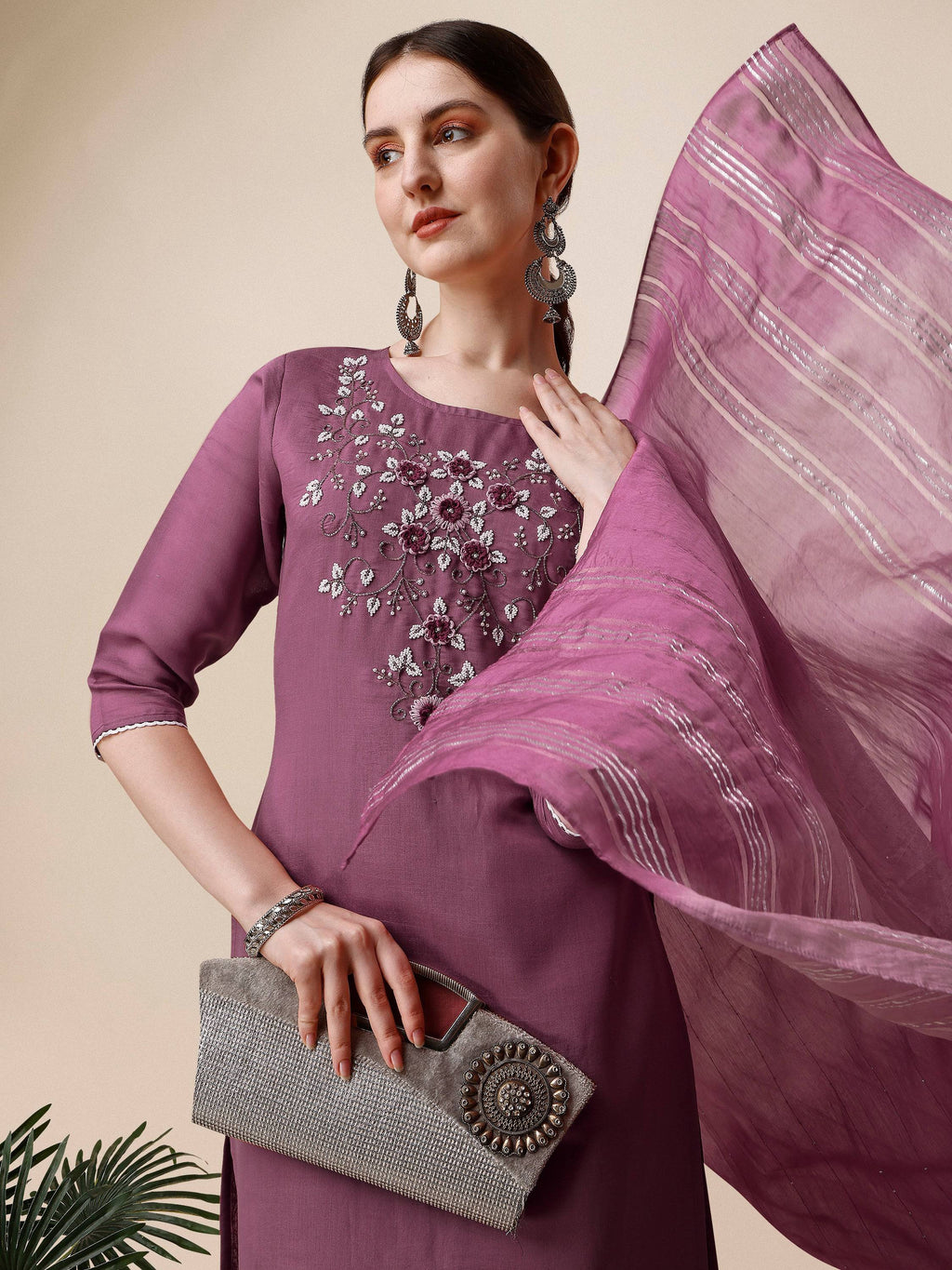 Hand Embroidered Chanderi Kurta With Pant And Dupatta Set, Multicolor - Hiral Fashion | Grocsy