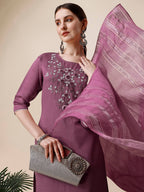 Hand Embroidered Chanderi Kurta With Pant And Dupatta Set, Multicolor - Hiral Fashion | Grocsy