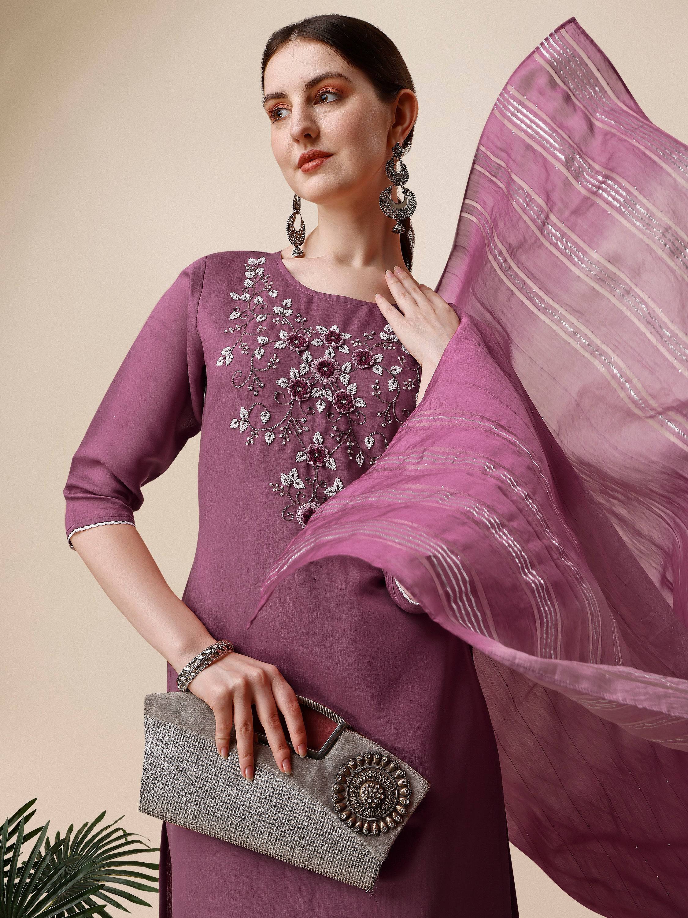 Hand Embroidered Chanderi Kurta With Pant And Dupatta Set, Multicolor - Hiral Fashion | Grocsy