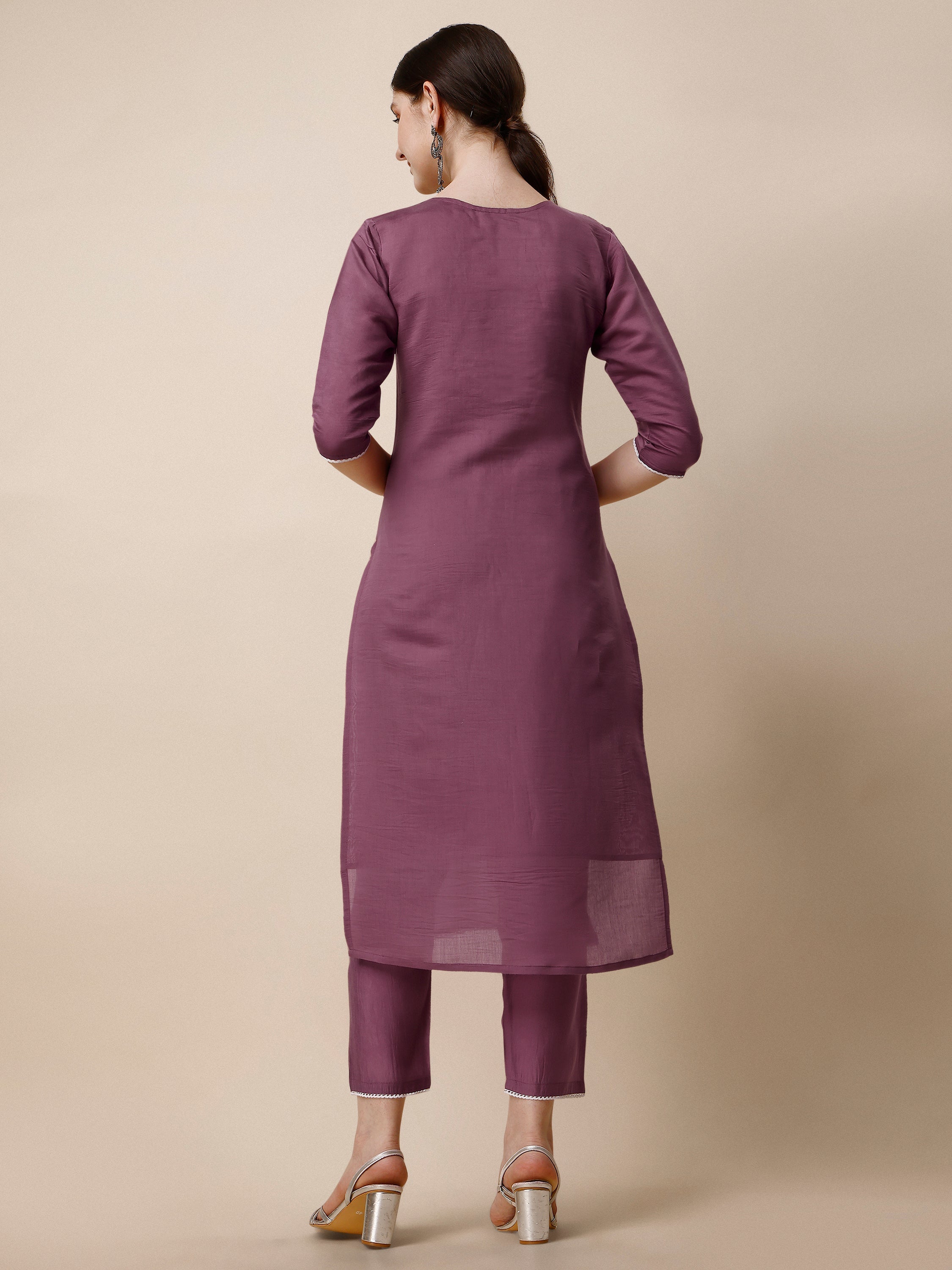 Hand Embroidered Chanderi Kurta With Pant And Dupatta Set, Multicolor - Hiral Fashion | Grocsy