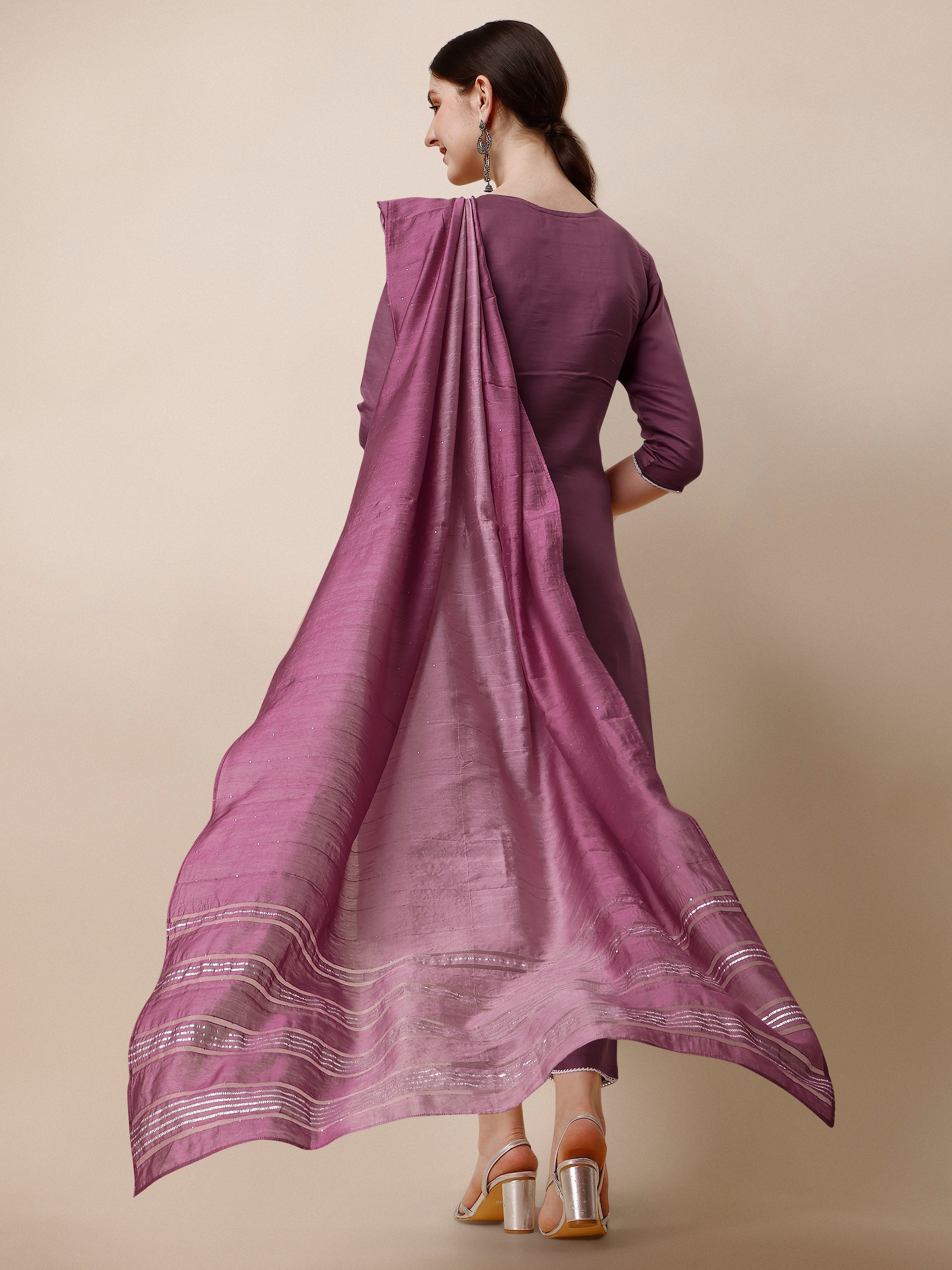 Hand Embroidered Chanderi Kurta With Pant And Dupatta Set, Multicolor - Hiral Fashion | Grocsy