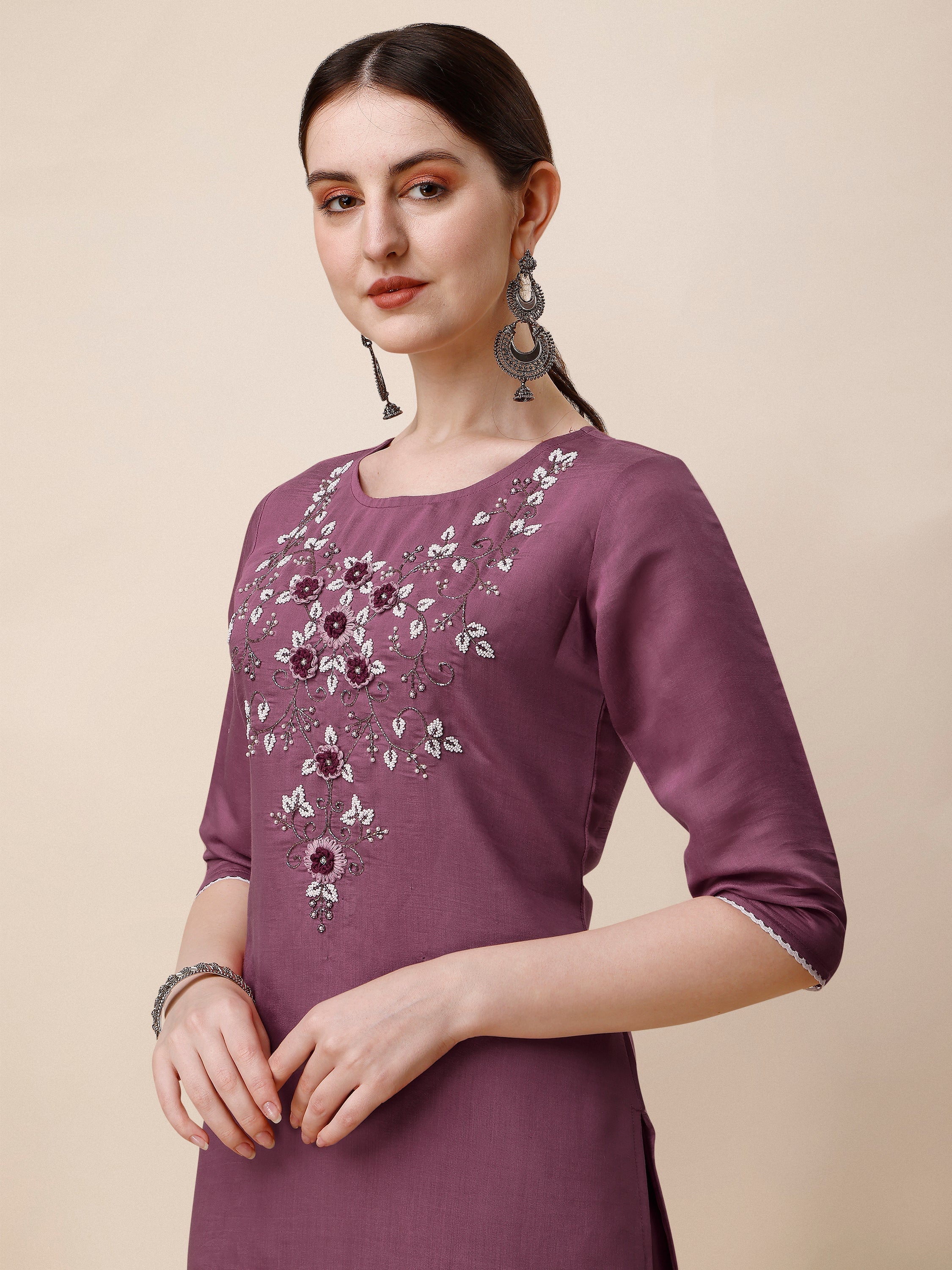 Hand Embroidered Chanderi Kurta With Pant And Dupatta Set, Multicolor - Hiral Fashion | Grocsy