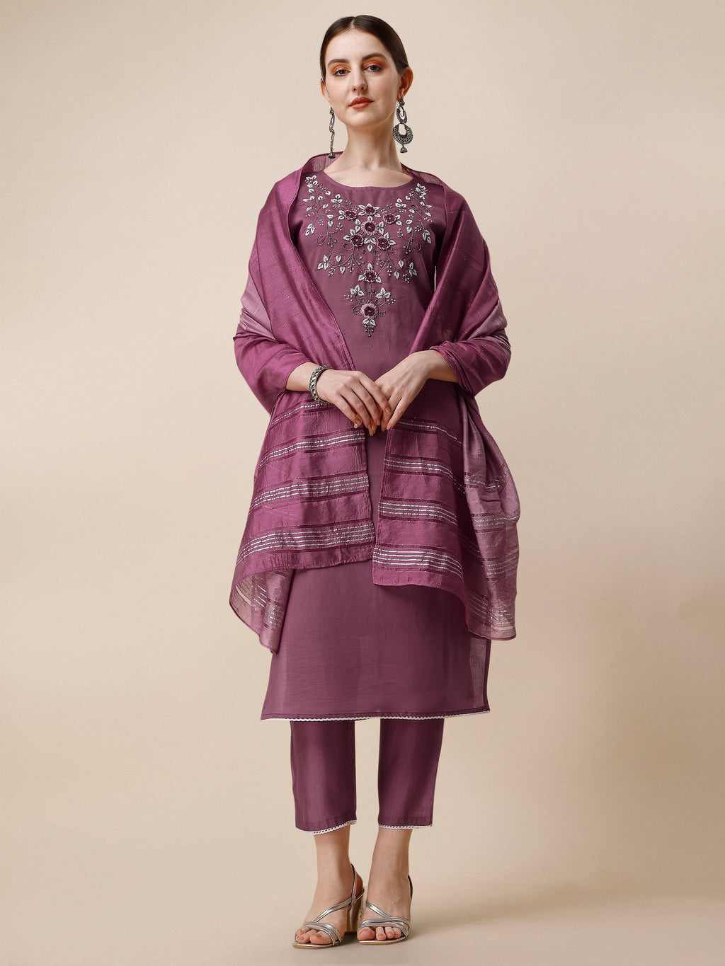 Hand Embroidered Chanderi Kurta With Pant And Dupatta Set, Multicolor - Hiral Fashion | Grocsy