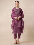Hand Embroidered Chanderi Kurta With Pant And Dupatta Set, Multicolor - Hiral Fashion | Grocsy