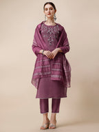 Hand Embroidered Chanderi Kurta With Pant And Dupatta Set, Multicolor - Hiral Fashion | Grocsy