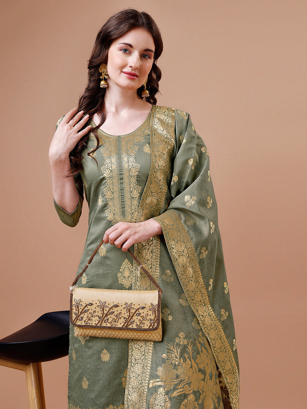 Pure Banarasi Chanderi Jacquard Kurta With Pant & Dupatta Set, Multicolor - Hiral Fashion | Grocsy