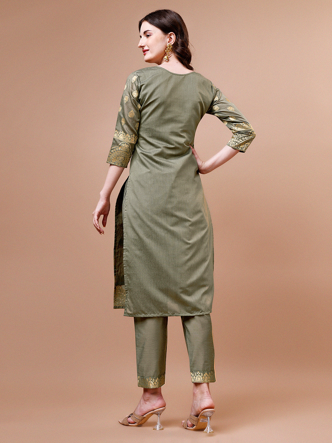 Pure Banarasi Chanderi Jacquard Kurta With Pant & Dupatta Set, Multicolor - Hiral Fashion | Grocsy