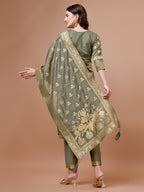 Pure Banarasi Chanderi Jacquard Kurta With Pant & Dupatta Set, Multicolor - Hiral Fashion | Grocsy