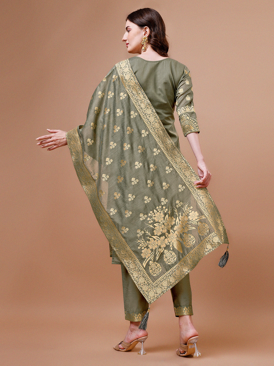 Pure Banarasi Chanderi Jacquard Kurta With Pant & Dupatta Set, Multicolor - Hiral Fashion | Grocsy