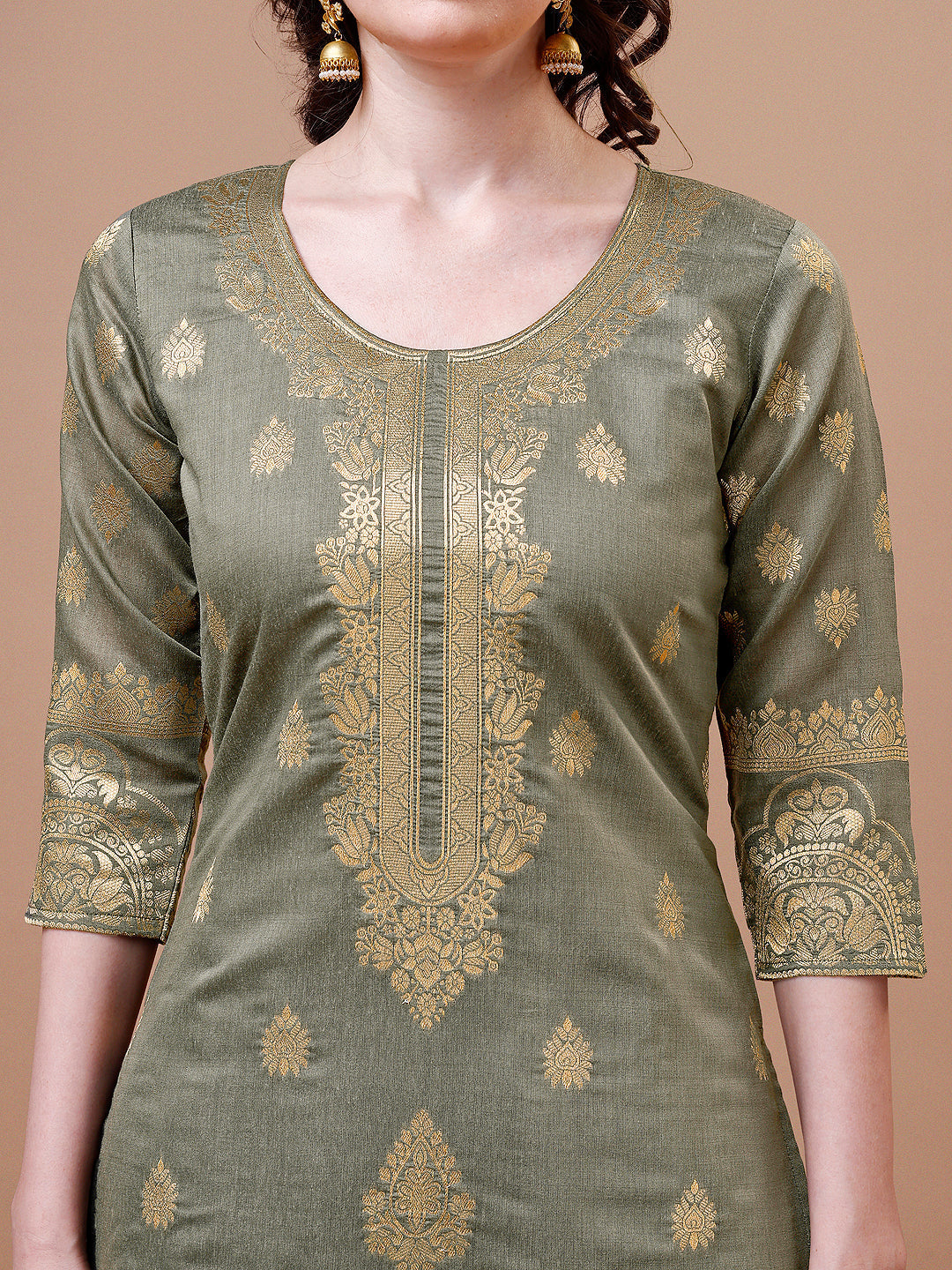 Pure Banarasi Chanderi Jacquard Kurta With Pant & Dupatta Set, Multicolor - Hiral Fashion | Grocsy